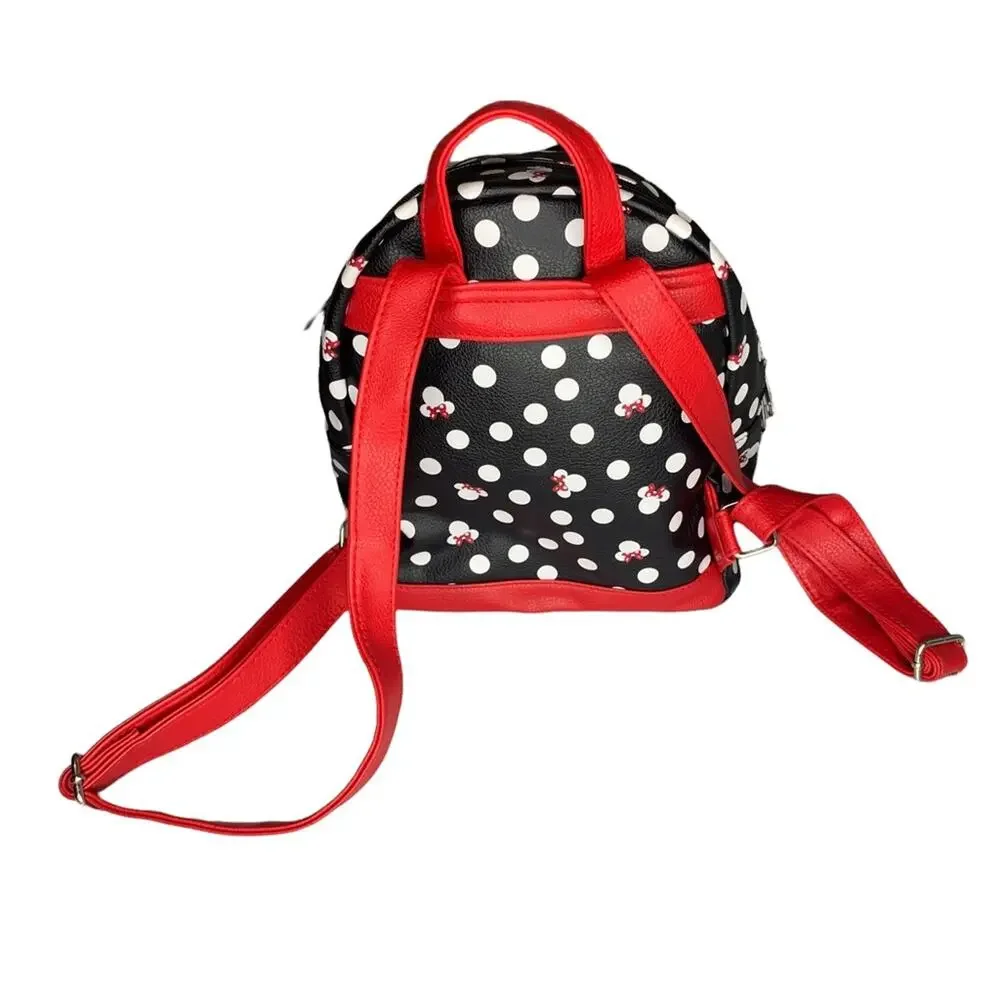 DISNEY Parks Minnie Backpack Black White Polka Dot Red Straps